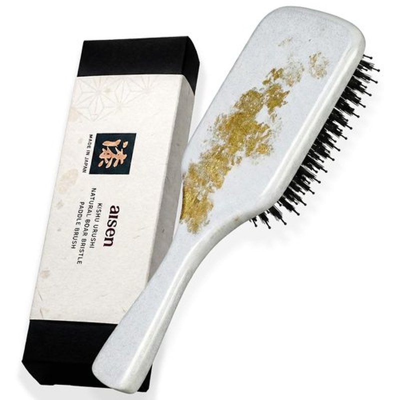 aisen Japan - Boar Bristle Hair Brush – Japanese Urushi Lacquer Paddle, Smoothing & Anti-Frizz, Scalp Massage Detangler, Elegant Gift Box, Made in Japan (Pearl White)