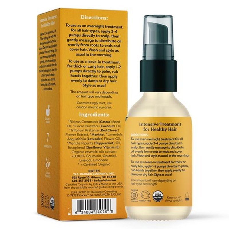 Badger Organic Castor Hair Oil for Thicker Fuller Looking Hair, 100% Organic Castor Oil for Hair Growth & Restoration, Red Clover & Peppermint, Deep Hydrating Hair Oil, 2 fl oz Glass Bottle