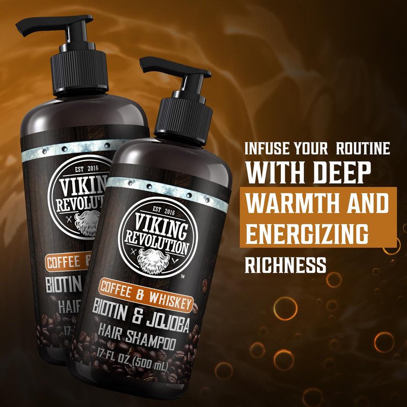 Viking Revolution Coffee Whiskey Mens Shampoo and Conditioner Set with Biotin and Jojoba Oil - Natural Hair Shampoo and Hair Conditioner for Men with Vitamin B5- Shampoo and Conditioner Set Men (17Oz)