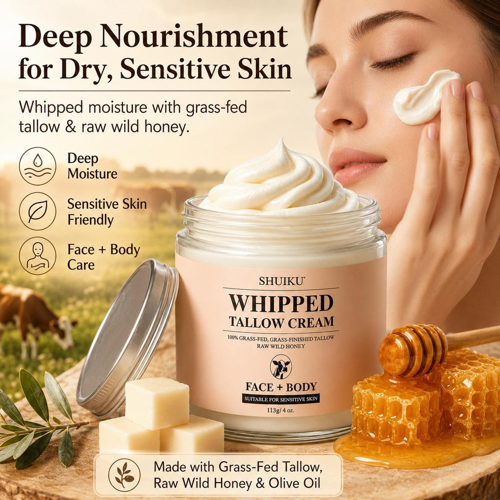 Beef Tallow for Skin with Honey Balm – All-Natural Moisturizer Hydrates and Nourishes the Skin, Whipped Grass-fed Beef Tallow Honey Balm blend - Ultra-Nourishing Moisturizer for Face, Body & Hands.