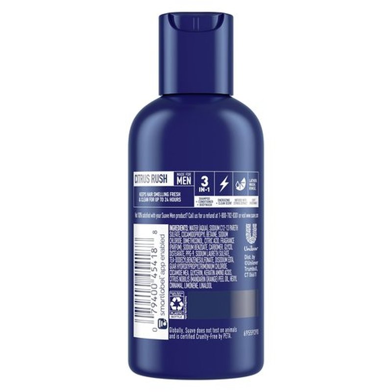 Suave Men Body Wash 3-in-1 Citrus Rush – Travel-Size Shampoo, Conditioner & Soap All-in-One Formula with Keratin for Healthy Hair & Skin, 3 Oz Ea (Pack of 3)