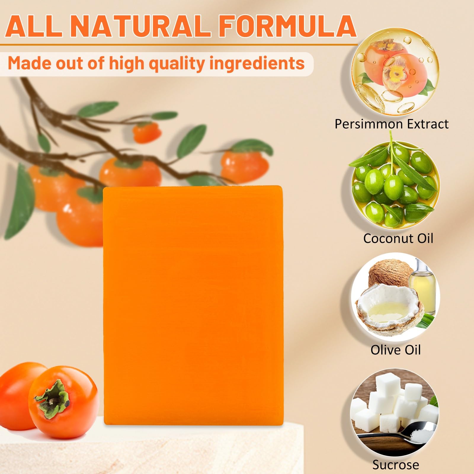 URZTUL 3 PCS Persimmon Soap Bar for Body Odor Control, Natural Deodorizing Soap for Eliminating Strong Smell, Handmade Bar Soap Deodorant Smooth Skin Deeply Cleansing