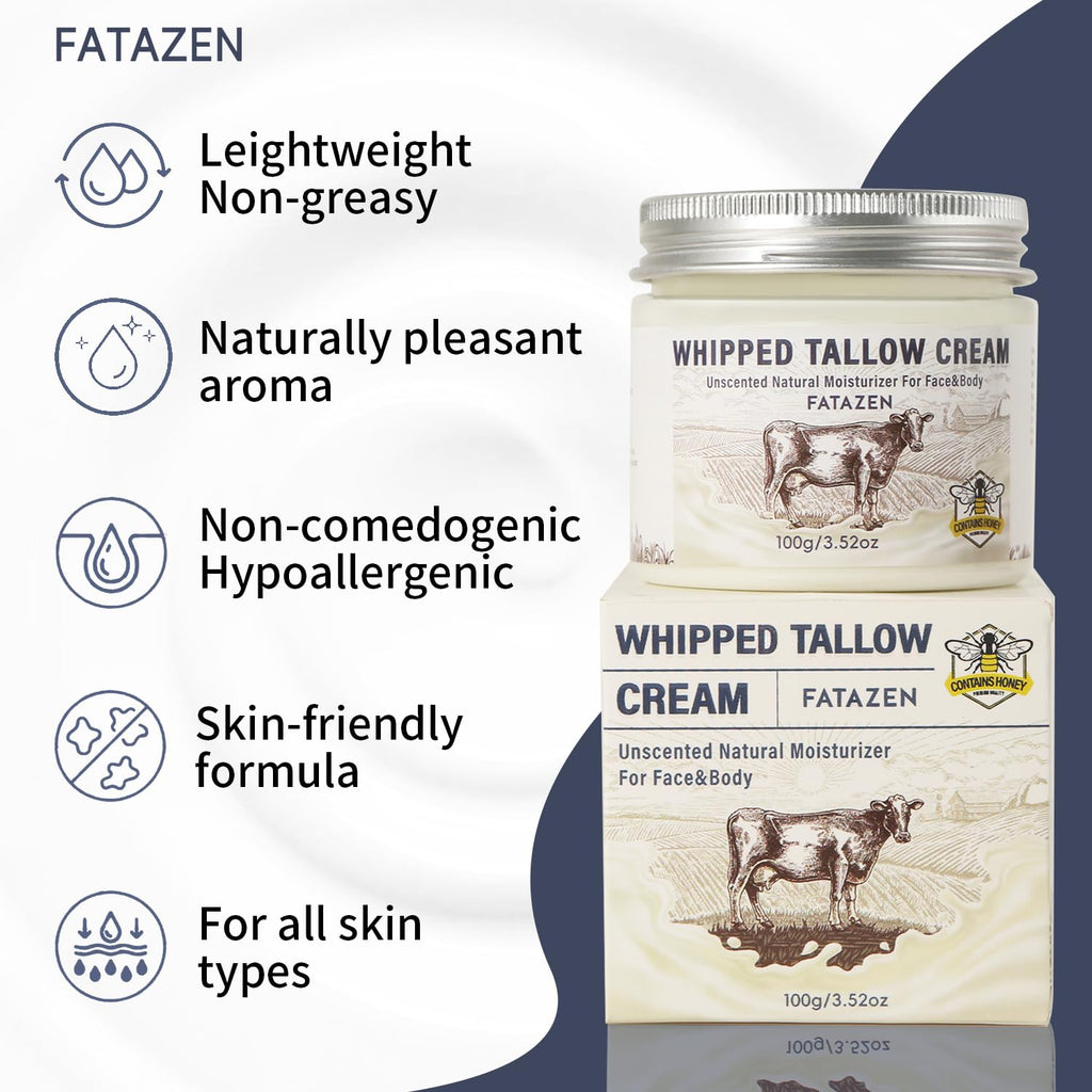 FATAZEN Grass Feed Handmade Whipped Beef Tallow Cream for Skin, Anti-Aging Skincare Face & Body Cream with Retinol & Niacinamide, Non Greasy hyaluronic acid Moisturizer for All Skin Type, 3.53 oz.