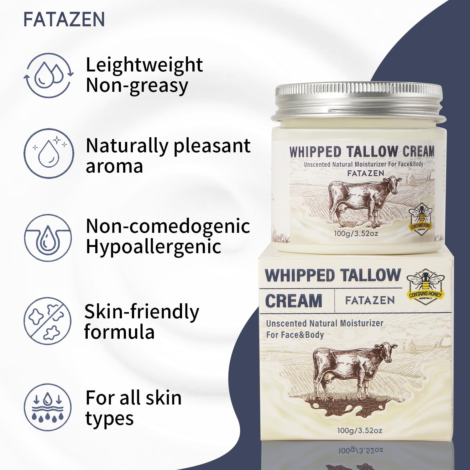 FATAZEN Grass Feed Handmade Whipped Beef Tallow Cream for Skin, Anti-Aging Skincare Face & Body Cream with Retinol & Niacinamide, Non Greasy hyaluronic acid Moisturizer for All Skin Type, 3.53 oz.
