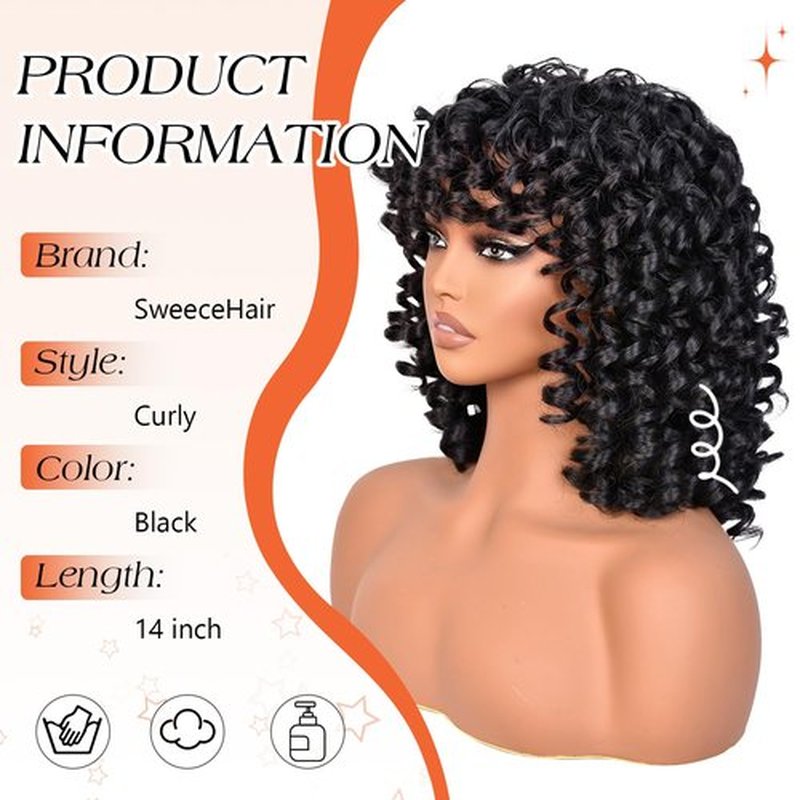 SweeceHair Curly Wigs for Black Women Black Short Afro Curly Wig with Bangs 14 Inch Bouncy Fluffy Heat Resistant Synthetic Wig for Daily Party Use