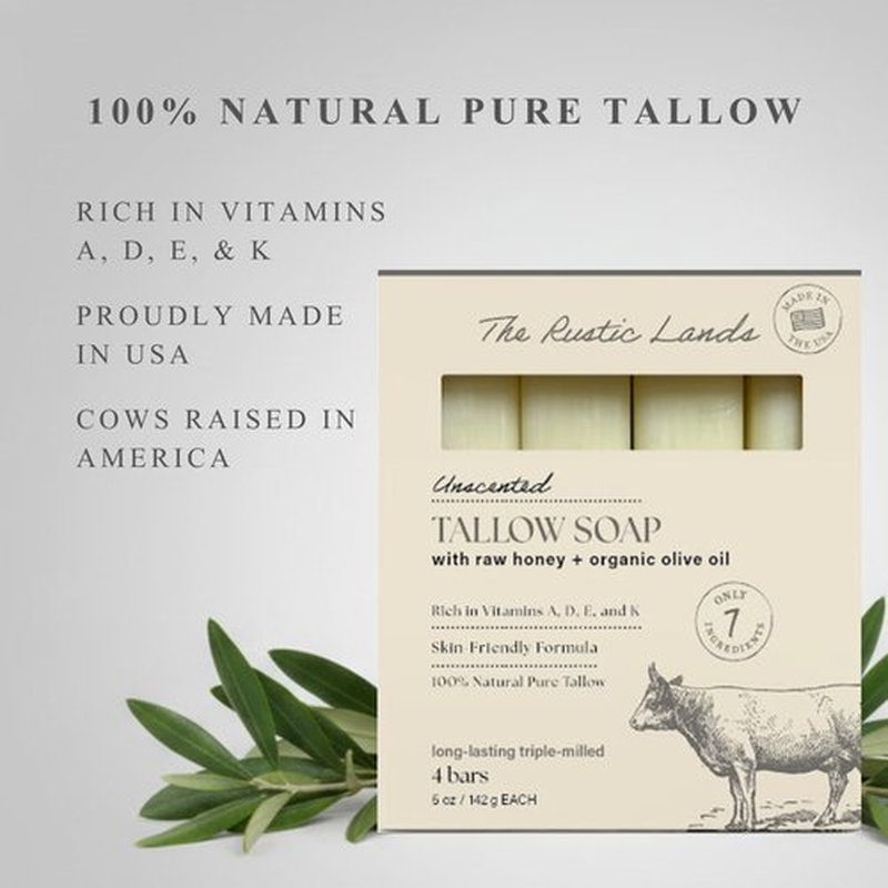 THE RUSTIC LANDS Fragrance Free Natural Tallow Soap Bars Set of 4 - Grass Fed Beef Tallow with Raw Honey & Olive Oil - USA Soap for Sensitive Skin, Moisturizing Bath & Body, 5oz Each
