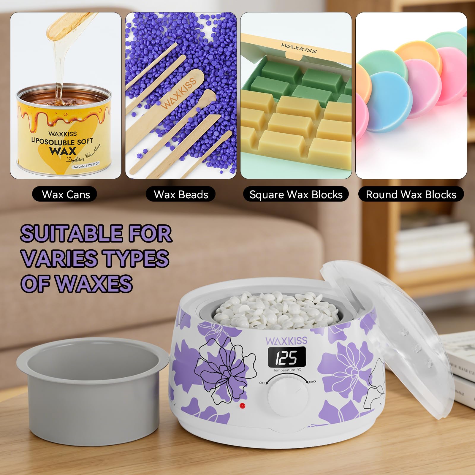 Waxkiss Digital Wax Warmer, White with Purple Floral Prints, 14oz Non-Stick Silicone Pot Hair Removal Heater, Adjustable Temperature with See-Through Lid for Women Men