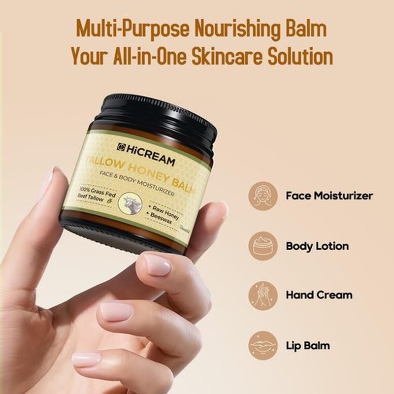 Hicream Beef Tallow for Skin, Beef Tallow and Honey Balm, 100% Organic Grass-Fed Beef Tallow, Face & Body Moisturizer for Dry, Cracked, Sensitive Skin - Handmade - Natural Formula (4 Oz, Unscented)