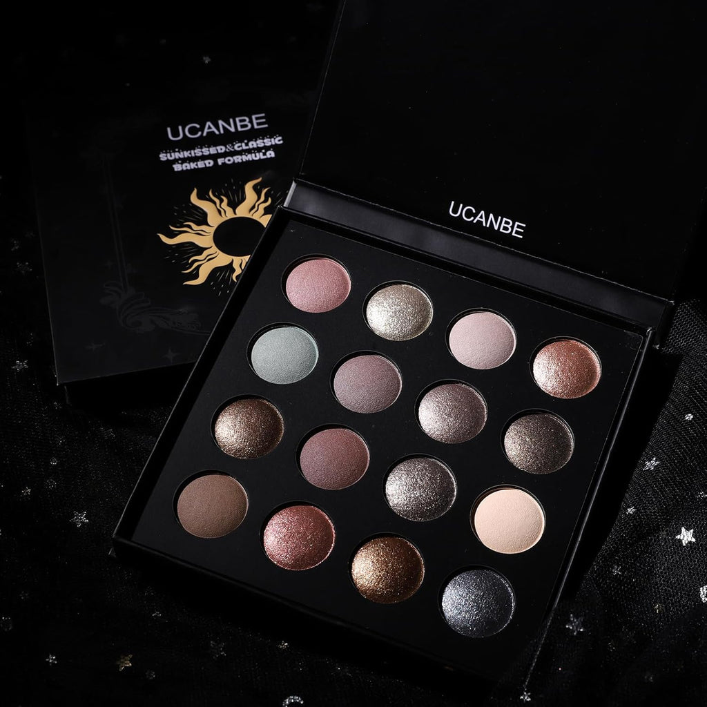 UCANBE Baked Eyeshadow Palette - 16 Highly Pigmented Nude Shades with Matte & Glitter Finish