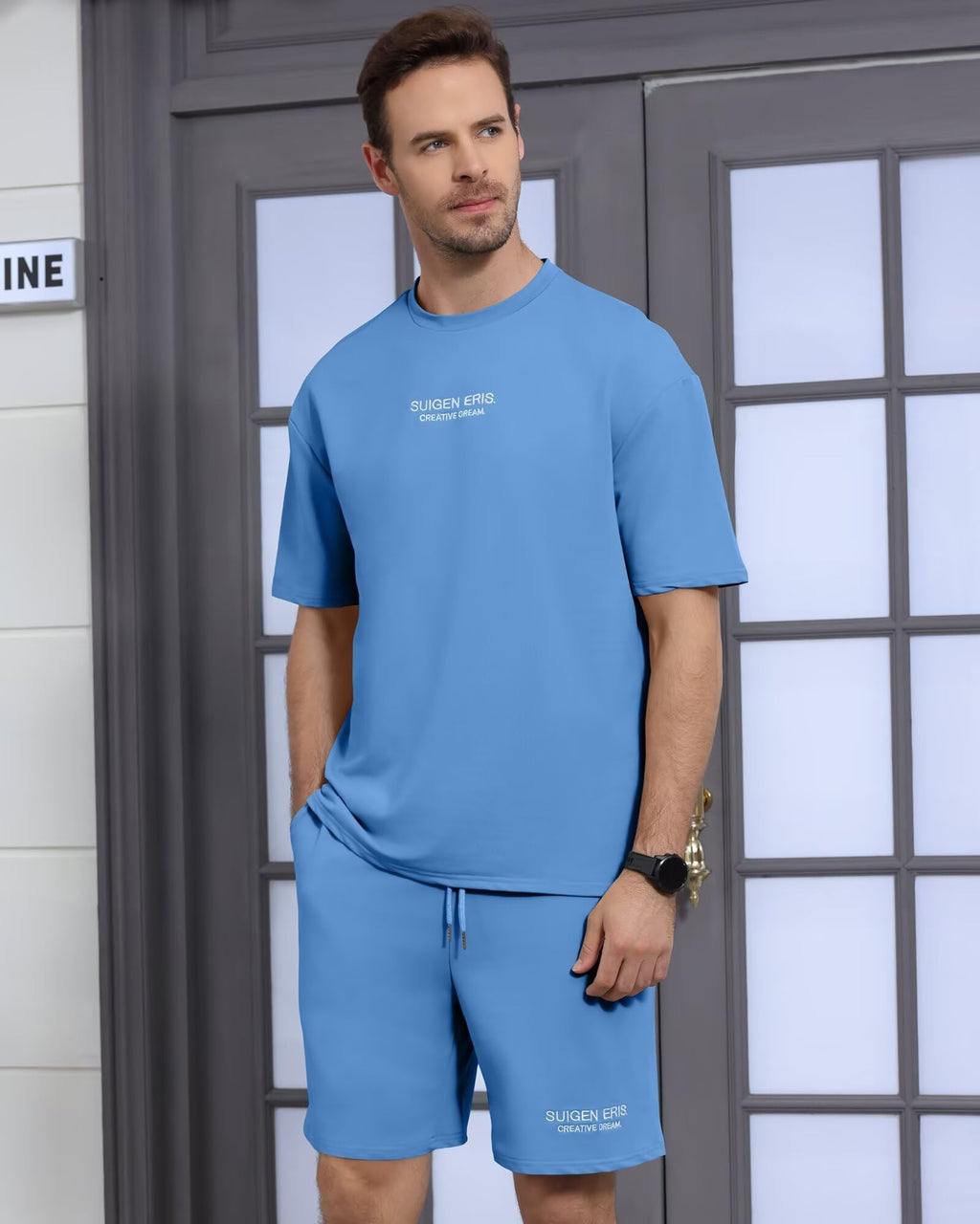 Epoleatries Men's 2 Piece Outfits Letter Drop Shoulder Oversize Tee Shirt Shorts Set Athletic Jogging Summer Tracksuit Light Blue M