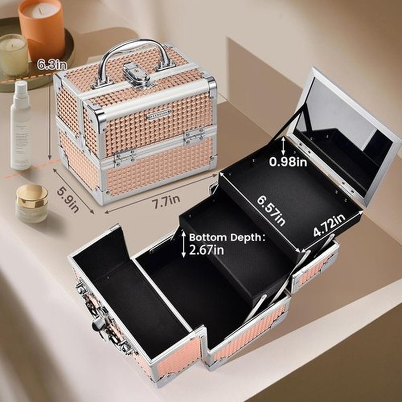 FRENESSA Makeup Case - Portable Train Case with Mirror & Lock | Rose Gold Cosmetic Organizer for Travel