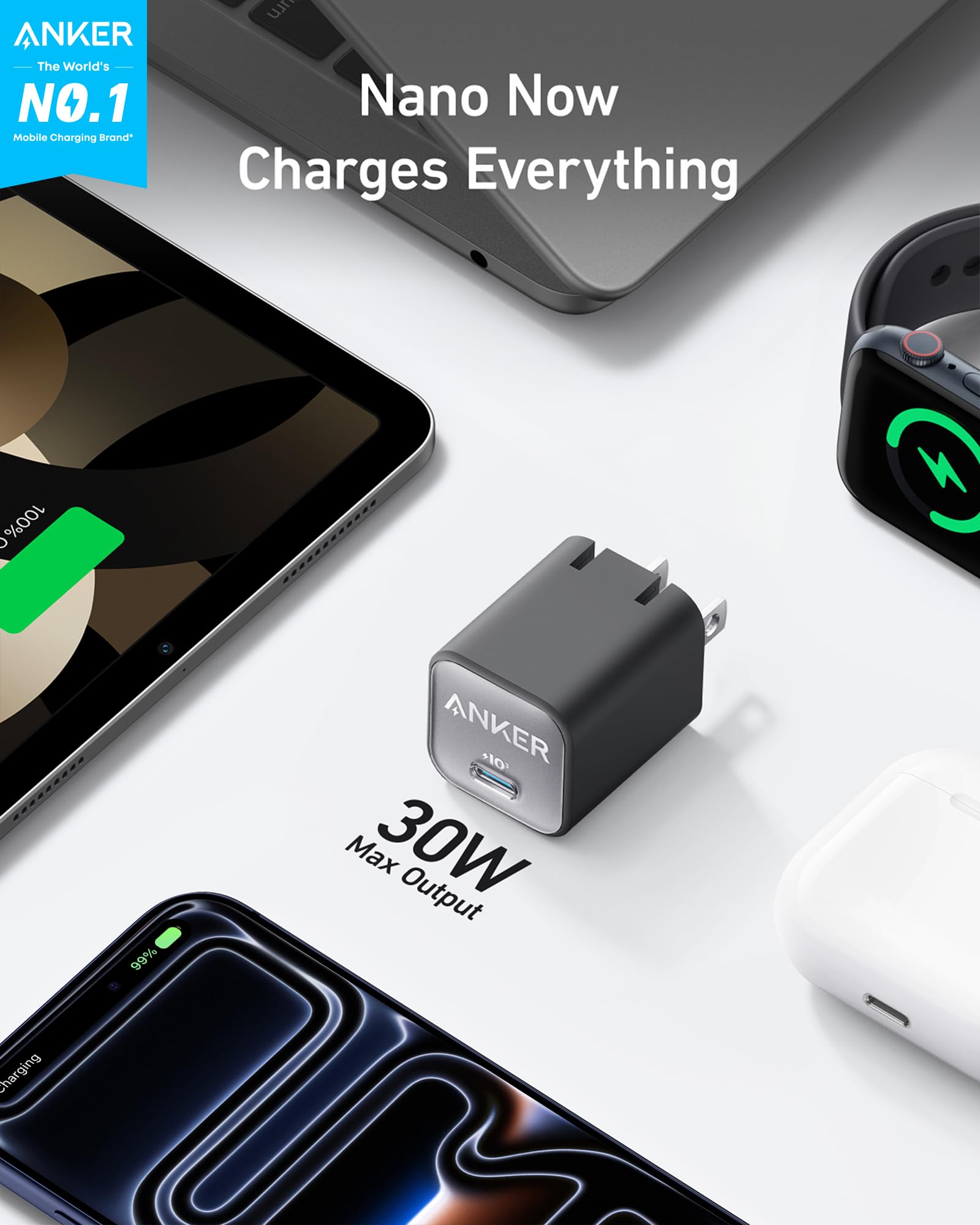 Anker Nano Phone Charger, USB C GaN Charger 30W, PIQ 3.0 Foldable PPS Fast Charger USB C for iPhone 17/16 and More Series, Galaxy, iPad, Compatible with MagSafe