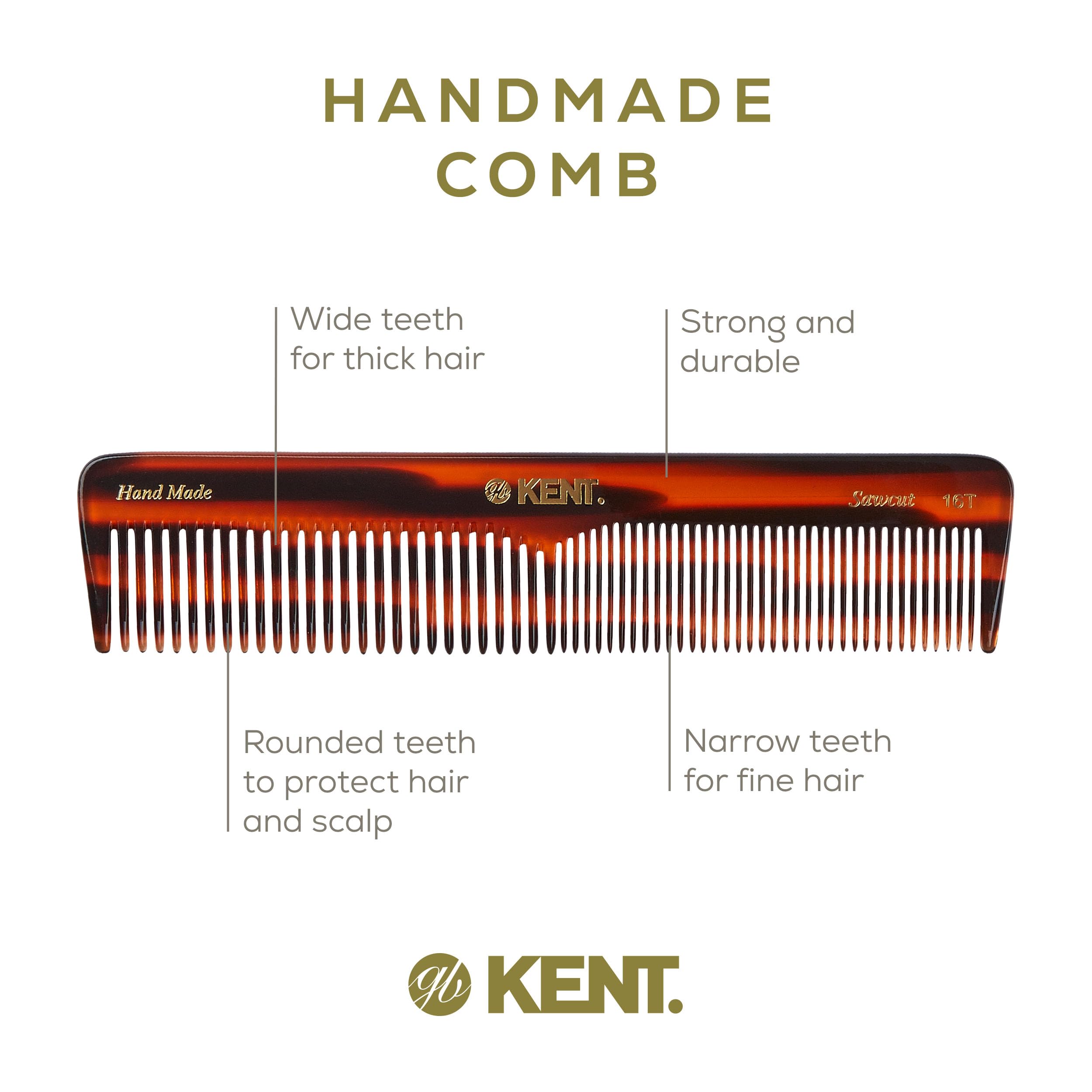 Kent 16T Tortoise Fine and Wide Tooth for Daily Grooming,Handmade Styling Comb for All Hair Types,Wet or Dry Hair Detangling Comb for Men and Women,Saw Cut Hand Polished,Made in England