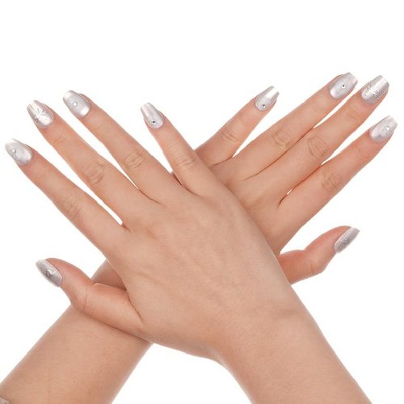 Short Square Press on Nails - Cateye Christmas Winter | Artificial Glossy White Cat Eye Fake Nails with Diamond & Snowflakes, Salon Quality Reusable False Nails Kit for Women & Girls (Size M)