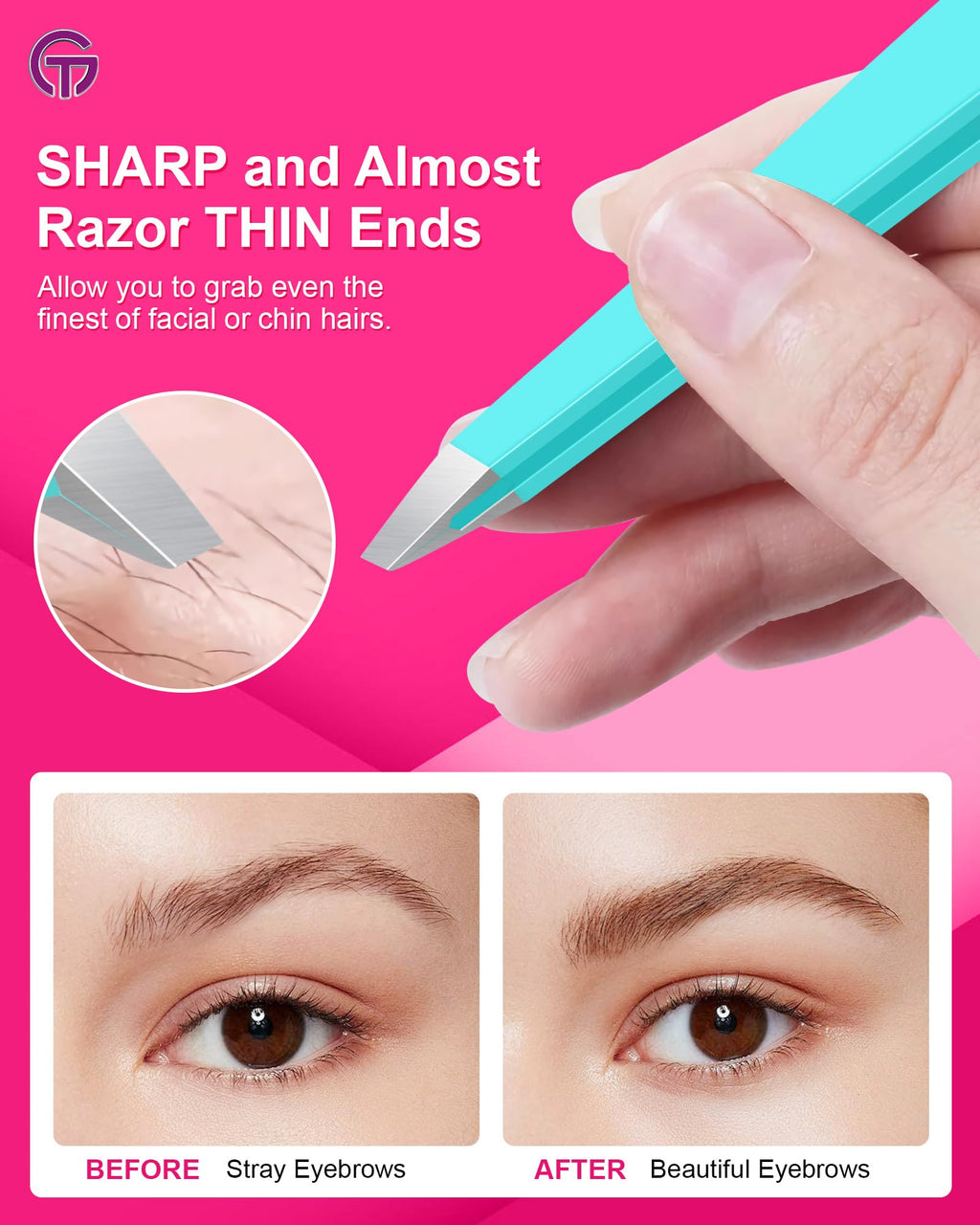 Expert Eyebrow Hair Removal Tweezer with Leather Case, GlamTweeler High Precision Slant Tip Stainless Steel Tweezers for Men and Women (Robin's Egg Blue)