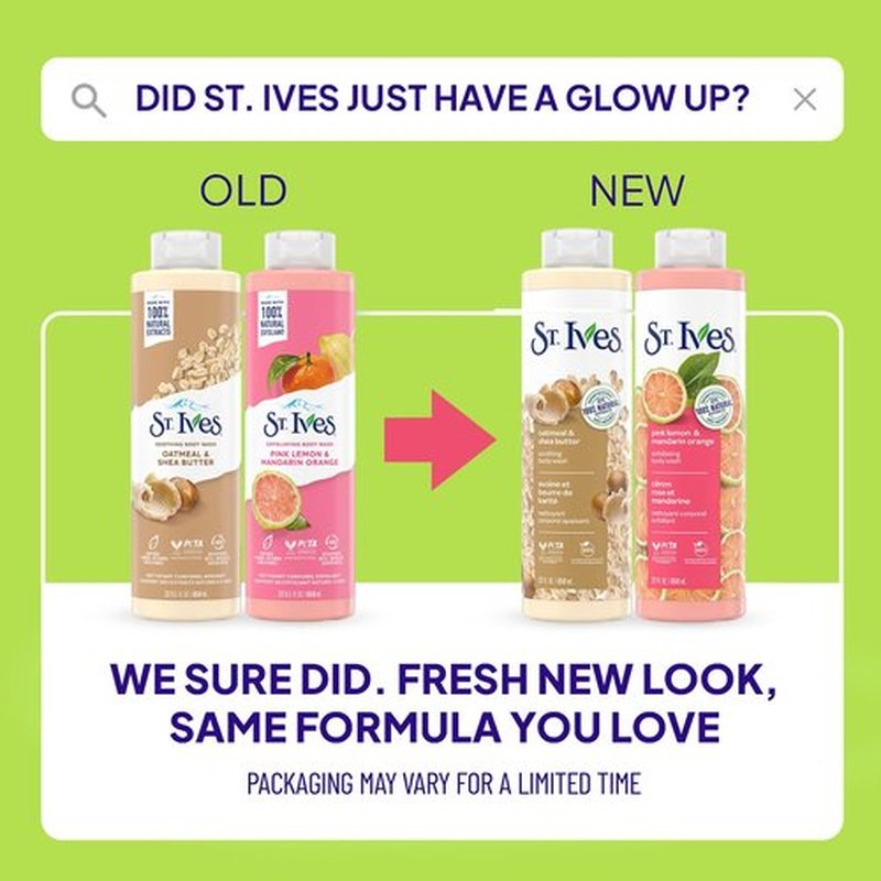 St. Ives Body Wash Variety 2-Pack, Soothing Oatmeal & Shea Butter + Exfoliating Pink Lemon & Mandarin Orange, 100% Natural Extracts, Cruelty-Free, 22 Oz Ea
