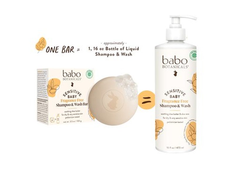 Babo Botanicals Sensitive Baby Fragrance-Free 2-in-1 Shampoo & Wash Bar - Shea Butter, Calendula & Aloe Vera - EWG Verified - Cruelty-Free - Vegan - Pediatrician Tested - For Babies & Kids