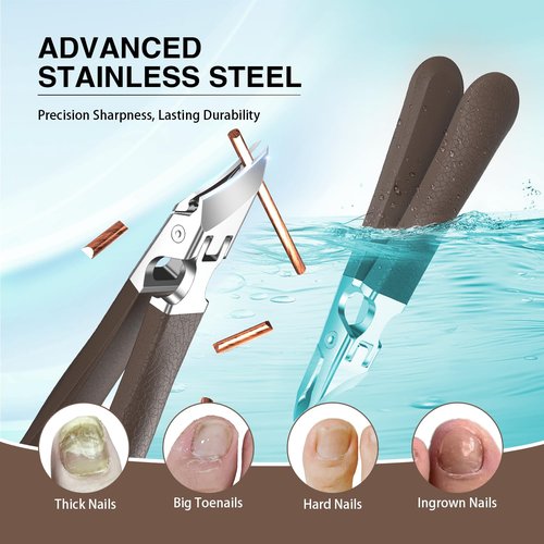 Eagle Beak Slanted Nail Clippers for Thick & Ingrown Toenails, Wide Jaw Opening Anti-Splash Angled Toenail Cutter with Curved Blade, Cuticle Clippers for Seniors, 3-Piece Set with Case