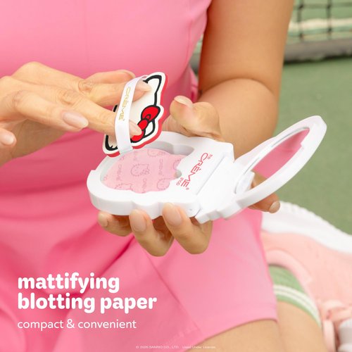 The Crème Shop x Hello Kitty Mattifying Green Tea Blotting Paper with Mirror and Puff, Absorb Excess Oil, Makeup-Friendly (100 Sheets)