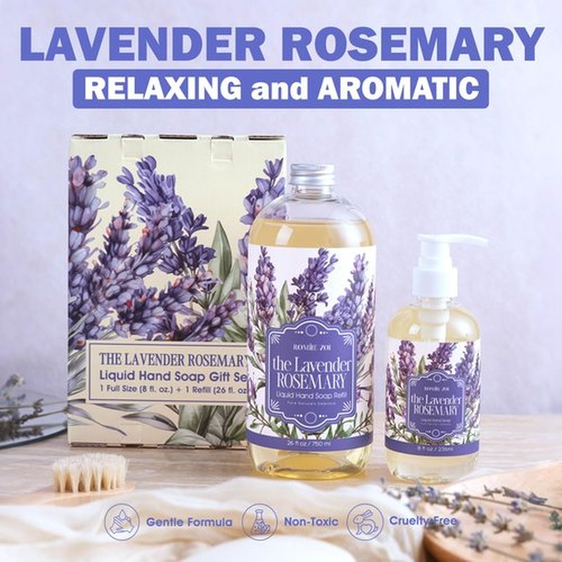 ROMIIE ZOI Liquid Hand Soap Gift Set, 750ml Refill+236ml Liquid Soap, Cruelty-Free, Moisturizing Formula with Essential Oils, For Sensitive Skin, Lavender Rosemary Scent, For Kitchen & Bathroom
