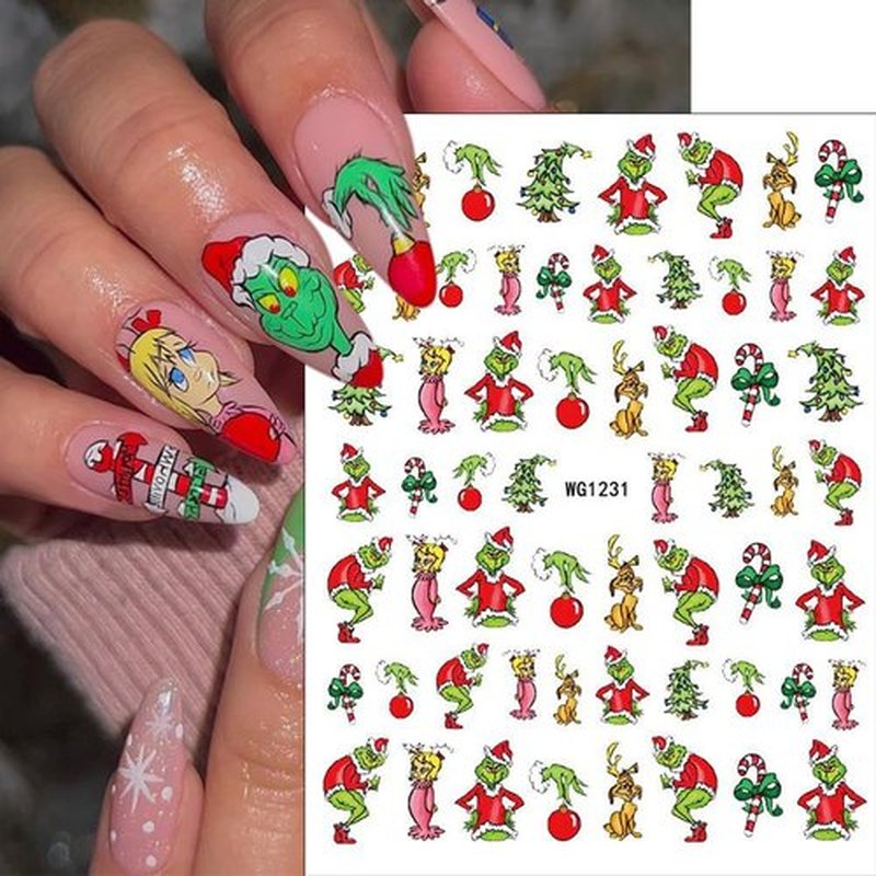 6 Sheets Christmas Nail Art Stickers Green Monster Nail Decals Cute Cartoon New Year Nail Art Designs Sticker Xmas Winter Nail Stickers Holiday Nail Supplies for Women DIY Manicure Decoration