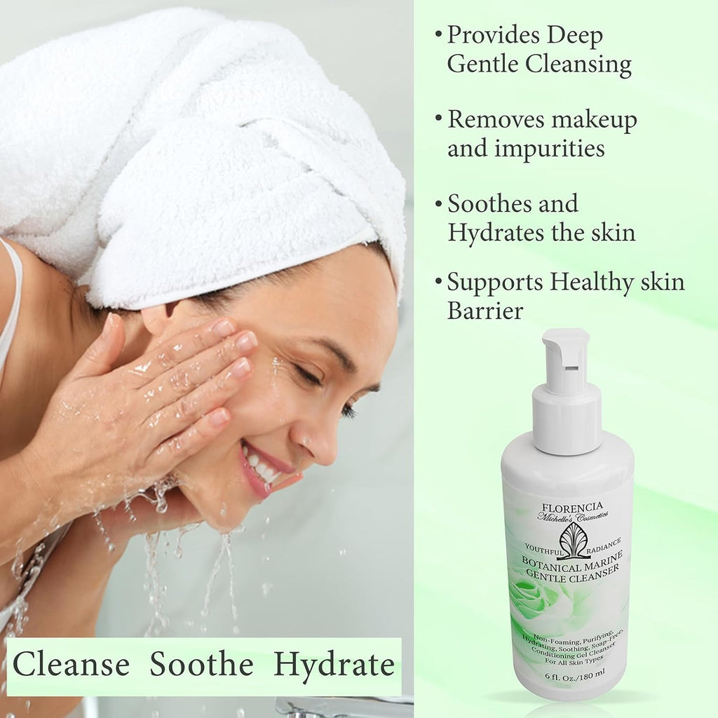Florencia Botanical Marine Gentle Cleanser – Non Foaming Hydrating Purifying Face Wash with Marine Algae Seaweeds and Organic Botanicals for Dry Normal and Sensitive Skin – 6 Fl Oz