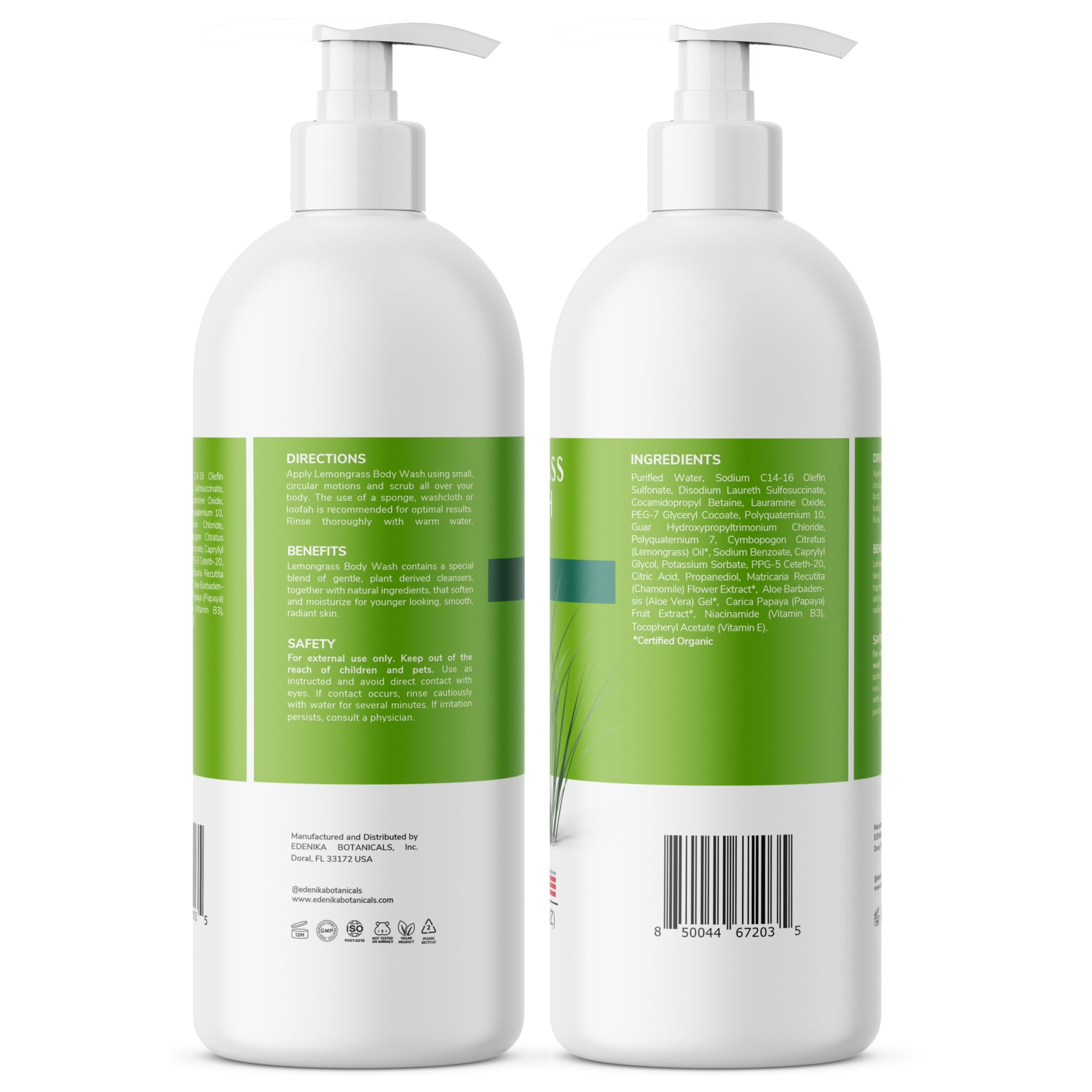EDENIKA BOTANICALS Lemongrass Body Wash with Vitamin E, Cleanses, Refreshes & Invigorates, Shower Gel for Dry and Sensitive Skin, Women & Men, Organic & Natural, 16 fl oz, 2-Pack