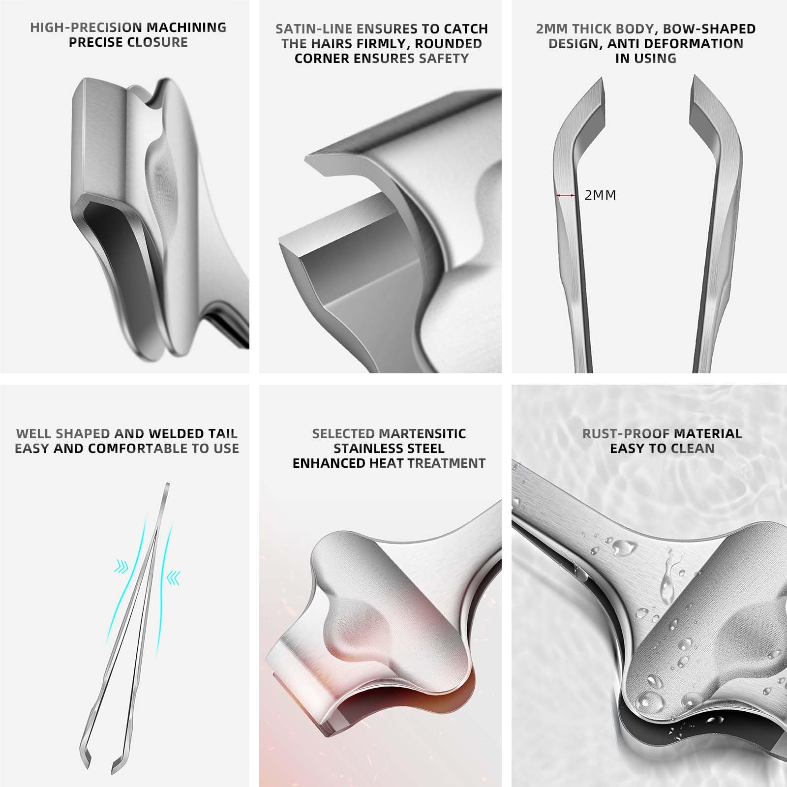 AUSOMTEK 20mm Precision Butterfly Tweezers for Beard, Eyebrows, Facial & Ingrown Hair - Wide Tip, Stainless Steel - Hair Removal Tool with Anti-Slip Slot & Case - for Men & Women
