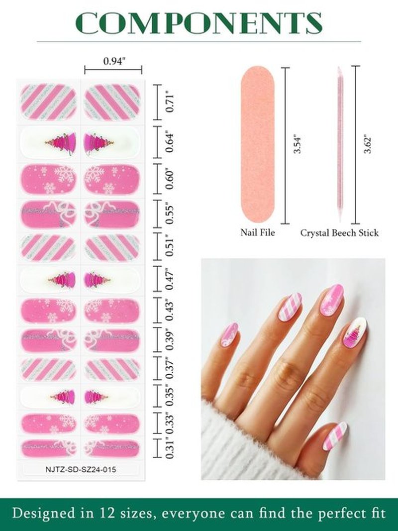 EBANKU 24PCS Christmas Semi Cured Gel Nail Strips, Tree Stickers Adhesive Pink Glitter UV Wraps Snowflake Polish Strips With File and Stick for Holiday Manicure