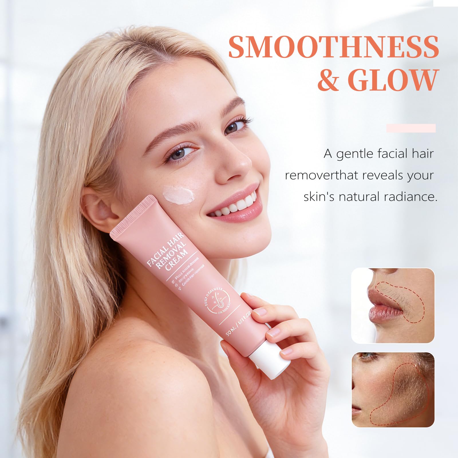 Women Facial Hair Removal Cream for Face Sensitive Skin, Painless Facial Depilatory Cream for Face, Flawless Unwanted Chin Upper Lip Hair Remover, At Home Pubic Hair Removal