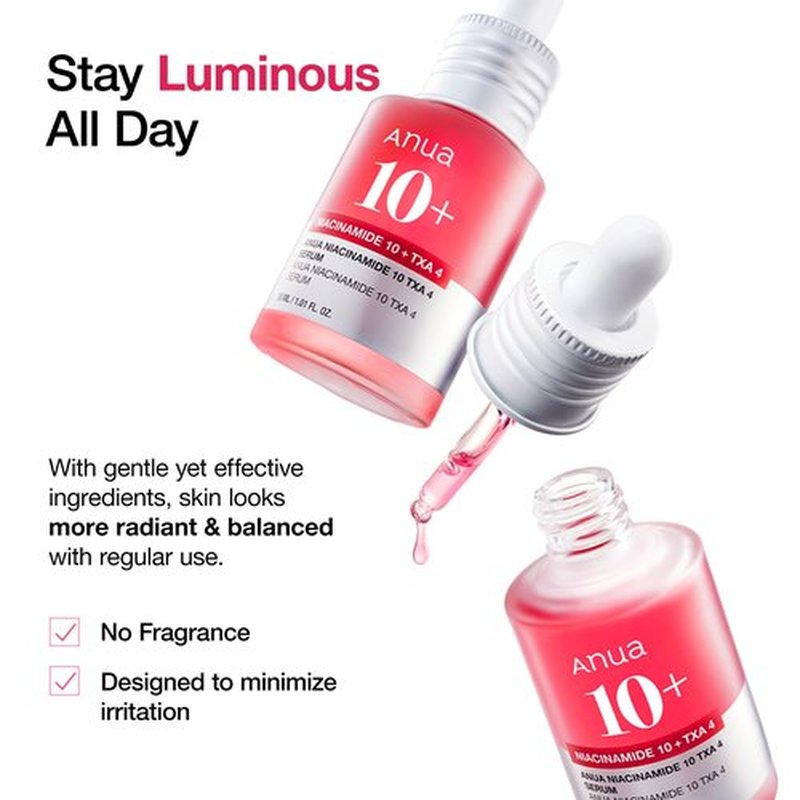 Anua Niacinamide 10 + TXA 4 Serum, Dark Spot Care, Hyaluronic Acid, Tranexamic Acid, Lightweight & Hydrating All-in-One Daily Facial Serum for Glass Skin, Korean Skincare, 1.01 fl.oz