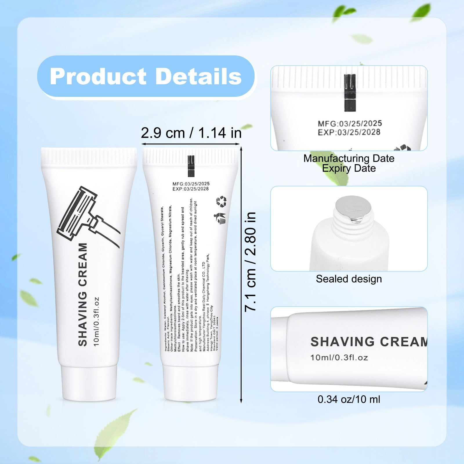Shaving Cream Bulk, 10ml/0.35fl Oz Travel Shaving Cream, Individually Packaged, Suitable For Travel, Hotel, Home, Camping, Charity, Homelessness (50-PACK)