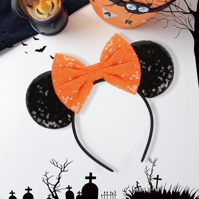 TEBIEKOY Halloween Mouse Ears Headbands for Women Sequin Mouse Ears Headband Orange Bows Mouse Ear Adults Cute Halloween Birthdays Party Hair Accessories