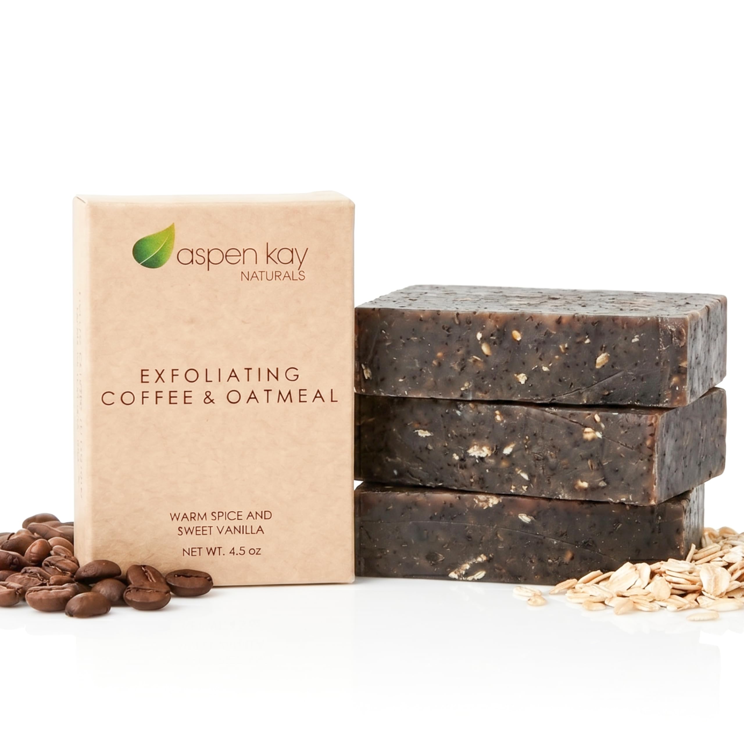 Aspen Kay Naturals Coffee & Oatmeal Exfoliating Soap, Natural and Organic Coffee Scrub. With Organic Shea Butter & Pure Essential Oils. A Wonderful Oatmeal Soap, For Men & Women. (3 pack)