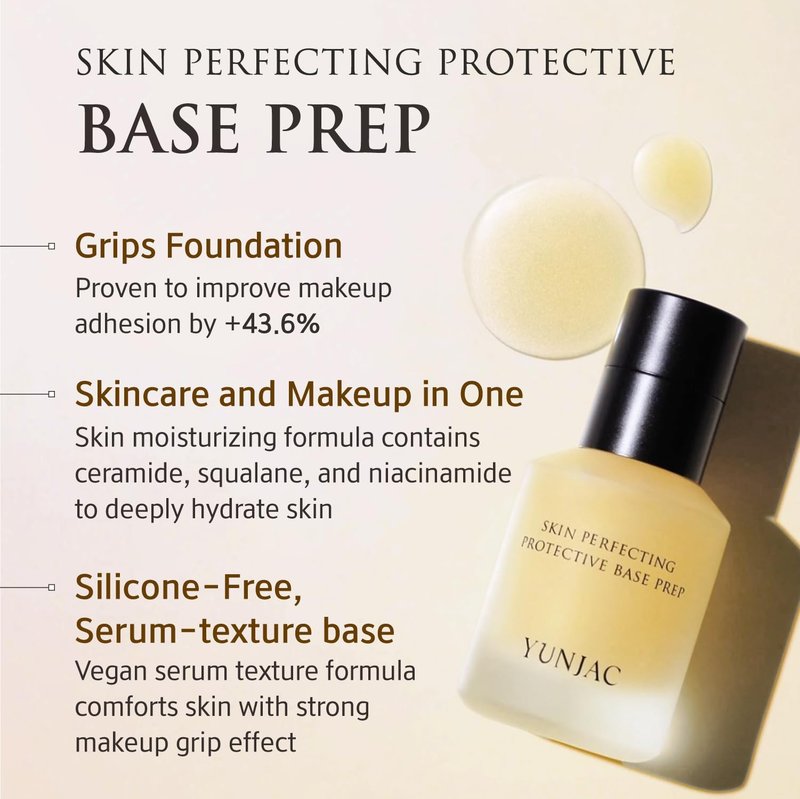 YUNJAC Glass Skin Prep Gift Set – Skincare & Makeup with Base Prep (0.84 fl oz), Concentrate Serum (1.35 fl oz), and Foam Exfoliant Samples (2g × 5ea) | Hydrating, Cleansing & Makeup-Ready Kit