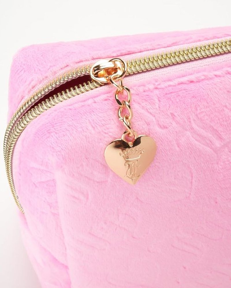 Juicy Couture Pink Makeup Bag - Stylish Velour Organizer for Travel Essentials | Zip Top Wedge Design