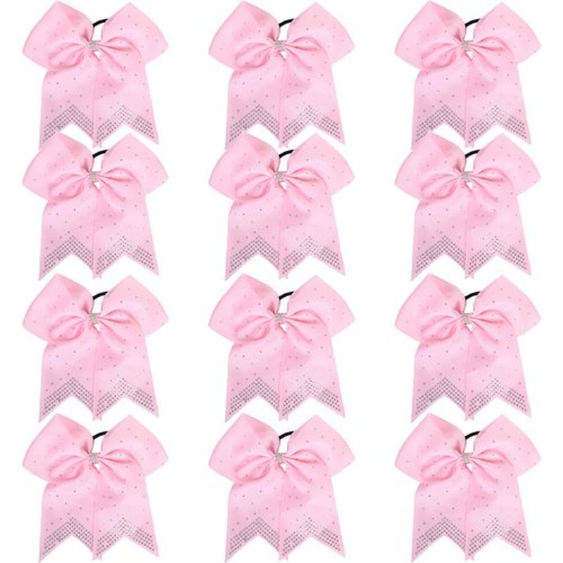 Hipcheer 12PCS 8" Rhinestones Large Cheer Hair Bows for Girls, Hand-made Grosgrain Ribbon Hair Accessories for Teen Girls Softball Cheerleader Sport (Light Pink)