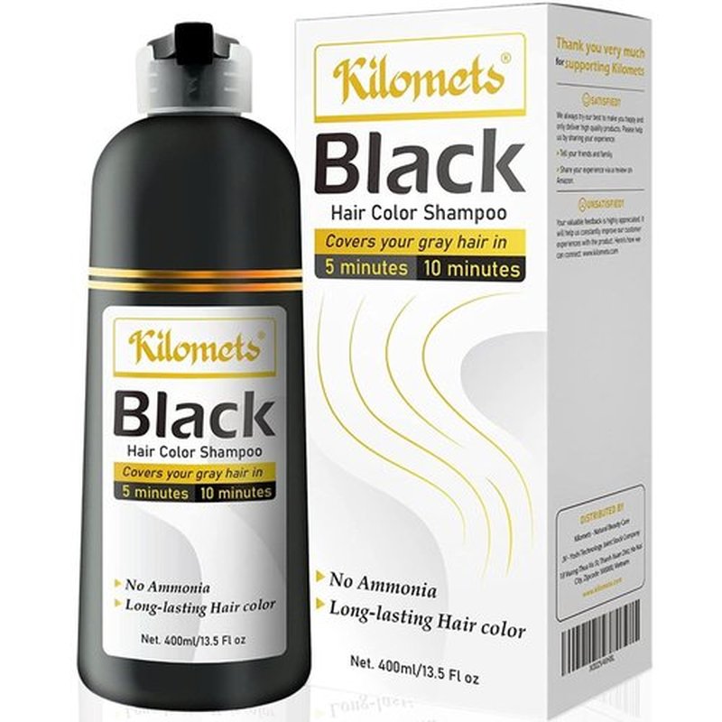 Kilomets BLACK Hair Dye Shampoo 400ml- 100% Grey Coverage in Minutes- Ammonia Free Hair Color Shampoo Cover Gray Silver Hair- Instant Darkening Coloring At Home- Gift for Mom Dad
