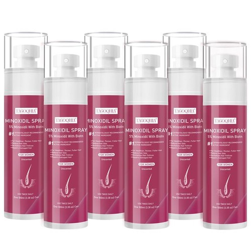 5% Minoxidil for Women Hair Regrowth Spray, hers hair regrowth treatment Infused with Biotin, Extra Strength Treatment to Combat Hair Loss and Thinning, 6 Bottles（100 Ml)