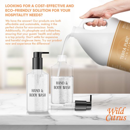 Terra Pure Wild Citrus Gallon Hand & Body Wash – Refill Jug for Hotels, Vacation Rentals, Guest Homes, Spas, Gyms | Bulk Liquid Soap Toiletries | No Color Added | For Sensitive Skin & Daily Use
