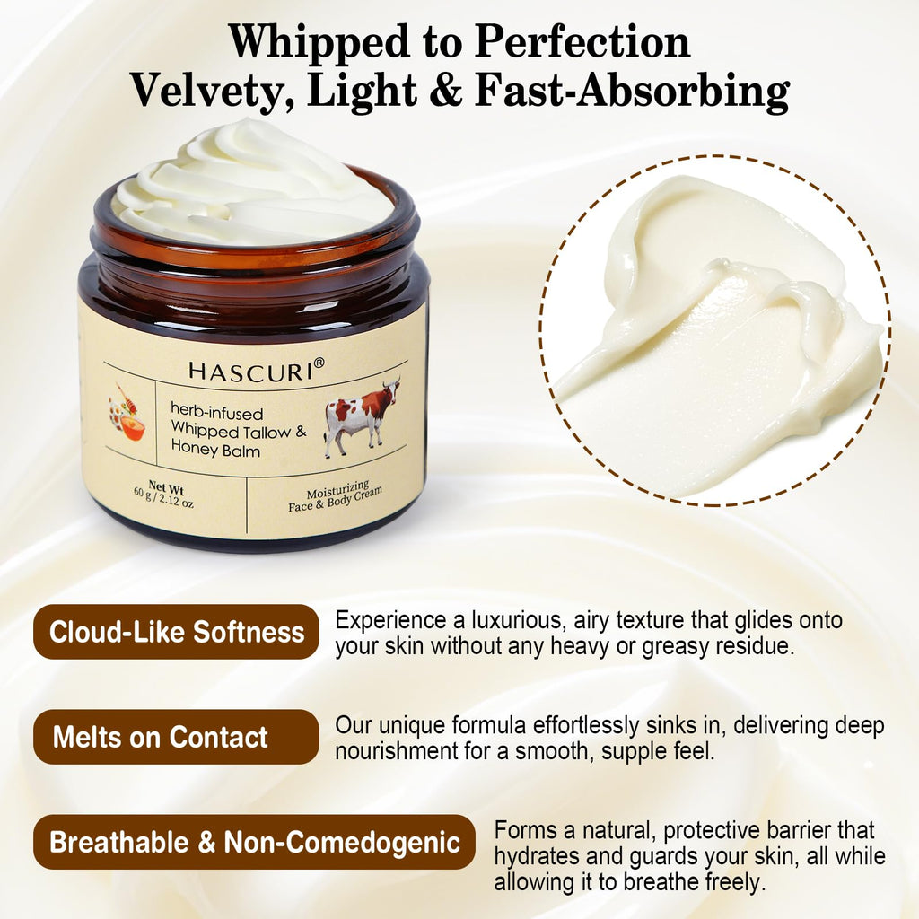 HASCURI Grass-Fed Whipped Tallow Balm - 100% Pure Beef Tallow Moisturizer for Face & Body - Rich in Vitamins E - Traditional Skin Food for Deep Hydration & Barrier Support - 2 oz