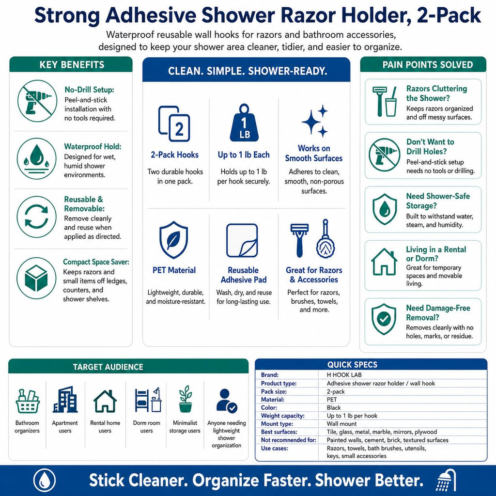 Hook LAB Shower Razor Holder, 2-Pack, No-Drill Adhesive Hooks - Black