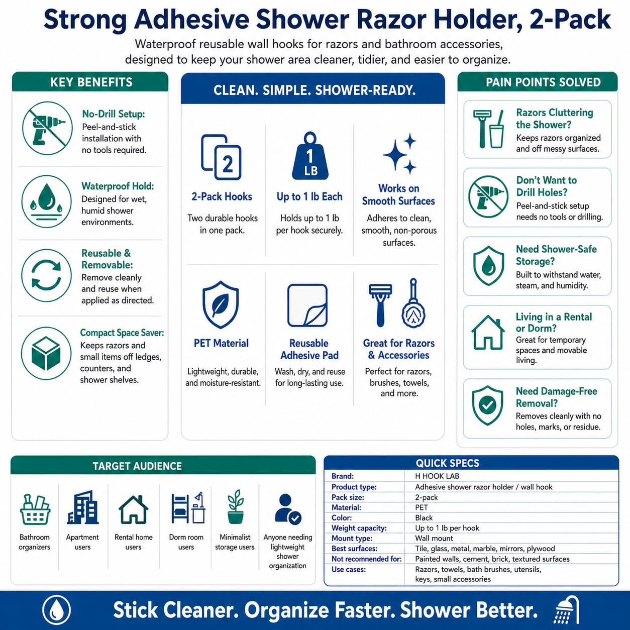 Hook LAB Shower Razor Holder, 2-Pack, No-Drill Adhesive Hooks - Black