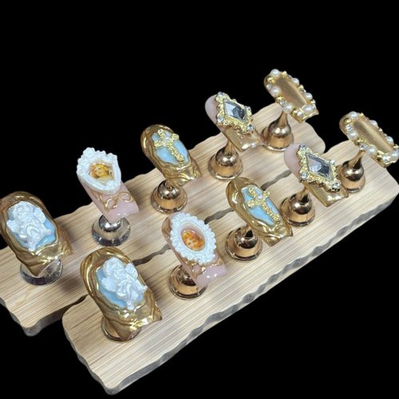 Handmade Press On Nails Luxury Baroque Gold Cross, Cherubs & Pearl Frames | Medium/Short Square | Reusable Thick Acrylic False Nails (Baroque, S)