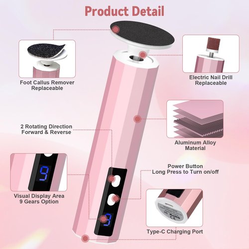 Electric Foot File 2-in-1 Foot Callus Remover with 50pcs Sandpaper Discs, Callus Remover for Feet Professional Pedicure Tool for Dead Skin and Calluses 9 Adjustable Speed/Reversible Rotation - Pink