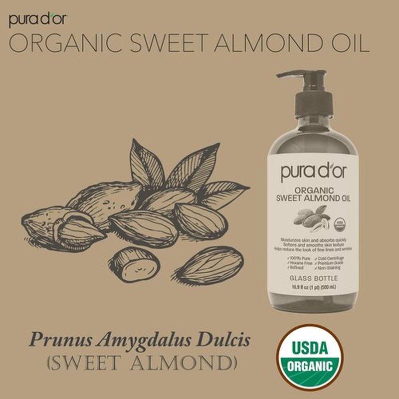 PURA D'OR 16.9 Oz ORGANIC Sweet Almond Oil (GLASS BOTTLE) 100% Pure & Natural USDA Certified Cold Pressed Carrier Oil For DIY Beauty - Non-Greasy, Unscented, Hexane Free Moisturizer - For Hair & Skin