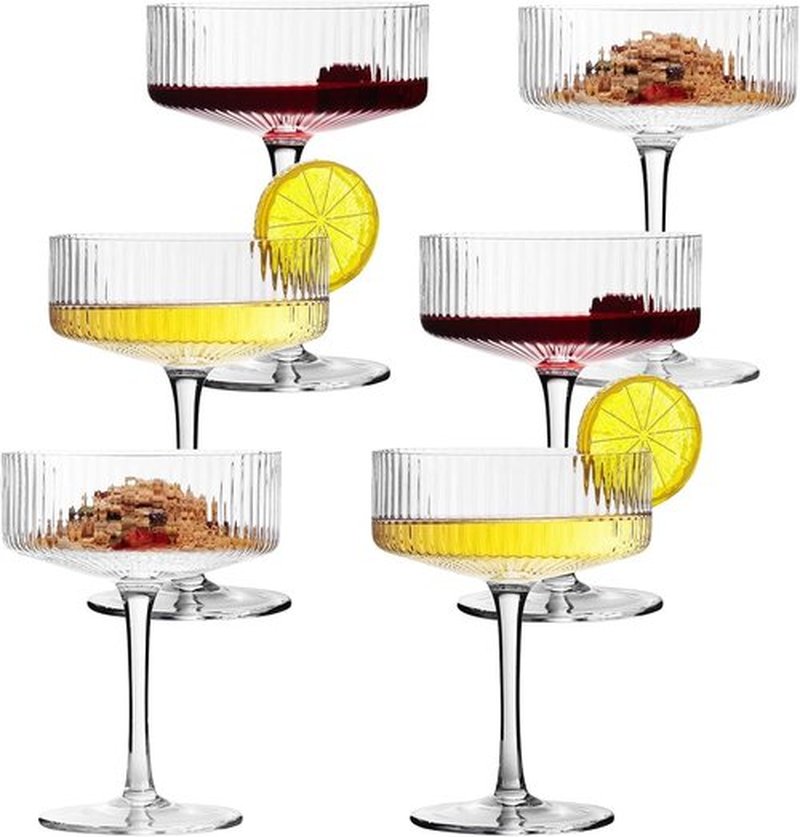Skiennix 10 oz Ribbed Coupe Cocktail Glasses - Elegant Hand Blown Martini Set in Gift Box | 6 Pcs