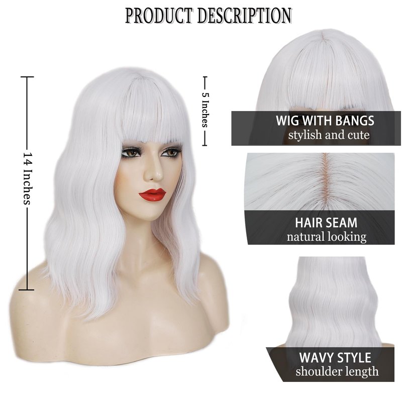 White Bob Wig with Bangs Short Wavy Wig for Women Loose Wavy Shoulder Length Colorful Synthetic Wig for Girl Cosplay Costume Wigs