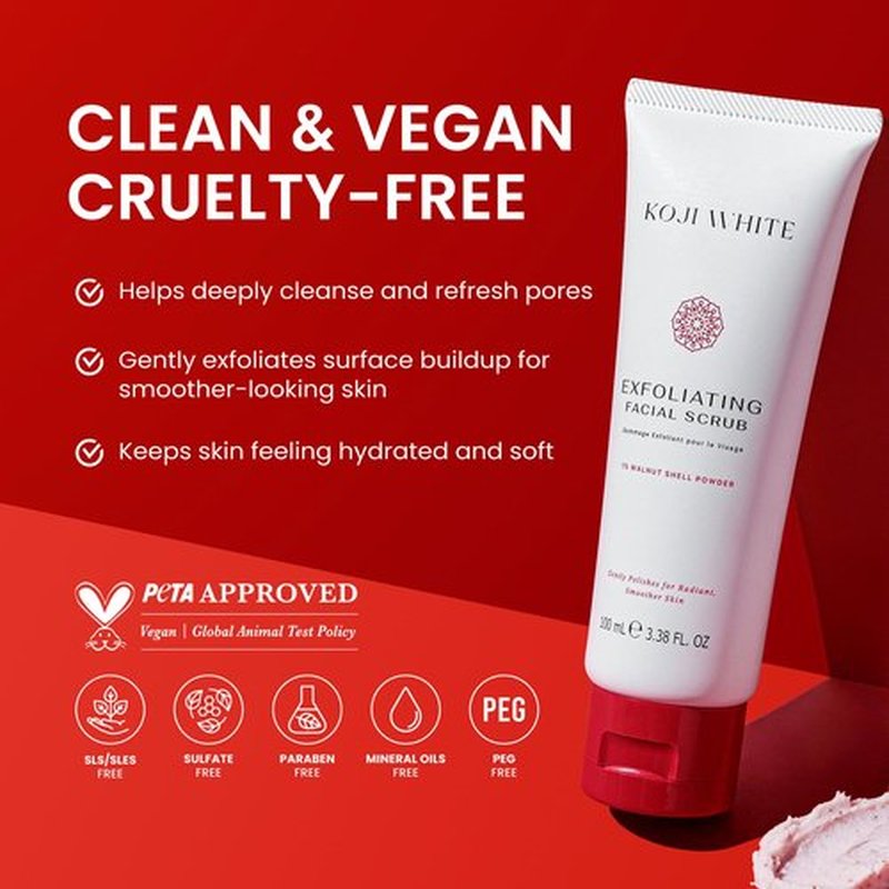 Koji White Exfoliating Facial Scrub | Kojic Acid Face Wash, Gentle Daily Scrubber & Exfoliator for Radiant with 1% Walnut Shell, AHA, Hyaluronic Acid for Uneven Skin Tone, Vegan Skincare, 3.38 Fl Oz