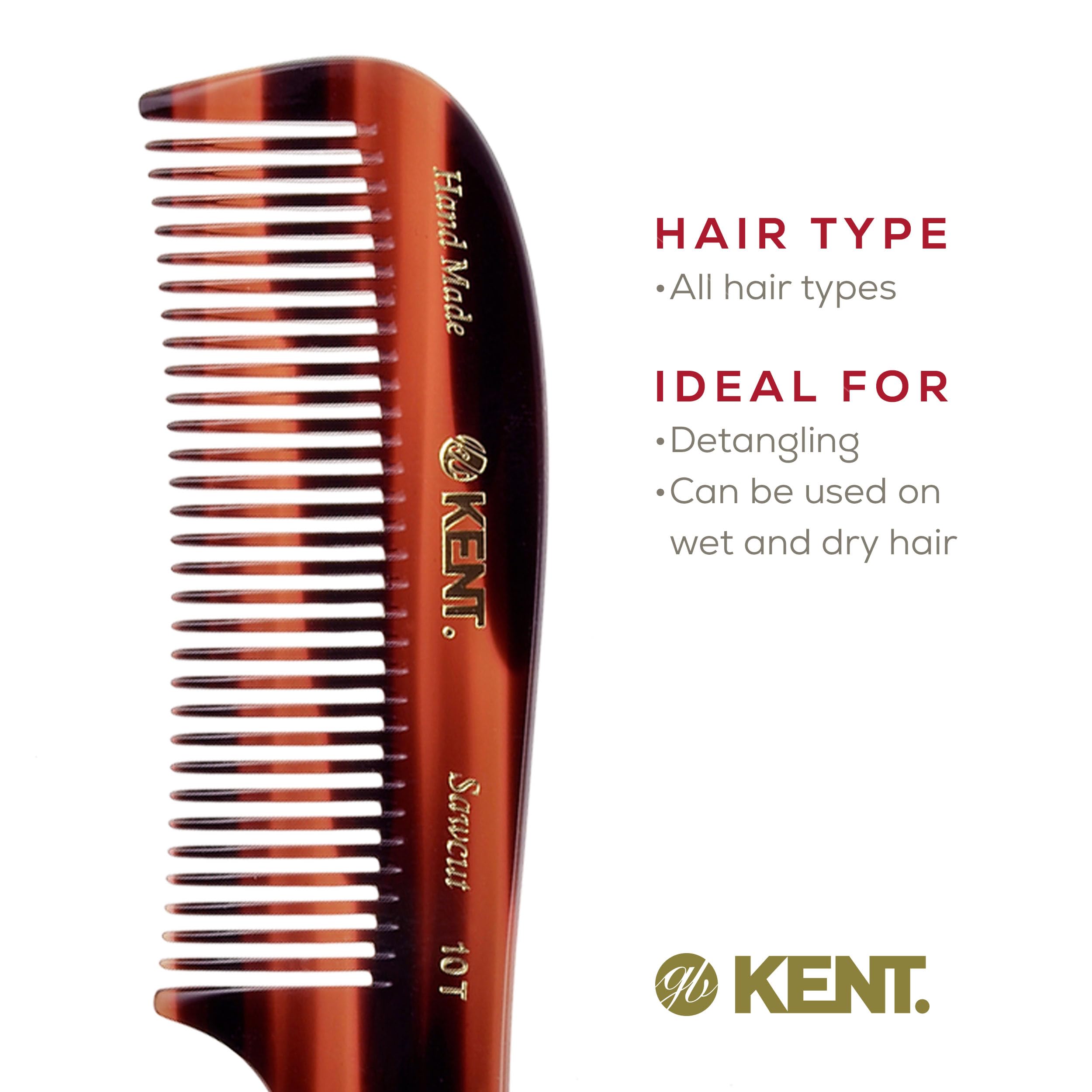 Kent 10T Large Hair Detangler Comb - Handmade Wide Tooth Combs for Curly Hair, Rake Comb For Wet and Dry Hairs, for Women for Thick Hairs Saw-Cut and Hand Polished Kent Combs